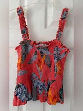 Patrons of Peace Coral Smocked Top with Blue-Green Leaf Detail